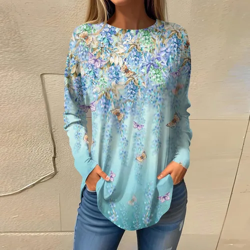 Vista 4 de Kenvina Sudaderas para mujer, manga larga, cuello redondo, dobladillo curvado, túnica sin botones, casual, holgada, para otoño e invierno
