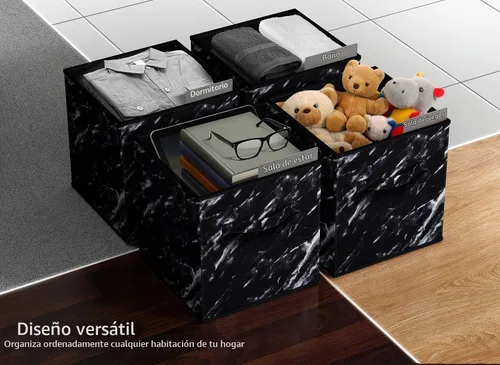 Vista 5 de Sorbus Cubos de almacenamiento de tela plegables – Cestas de organización plegables de 11 pulgadas con asa – 4 canicas negras para despensa Negro