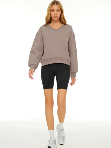 Vista 6 de AUTOMET Sudadera corta de manga larga para mujer, de forro polar, cuello en V