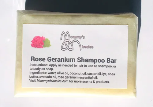 Vista 4 de Jabón en barra de champú para el cabello, aroma a geranio rosa