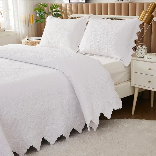 Vista 9 de Brandream Juego de edredón blanco de 6 piezas, tamaño King, juego de ropa de cama de lujo estilo casa de campo, colchas acolchadas de algodón