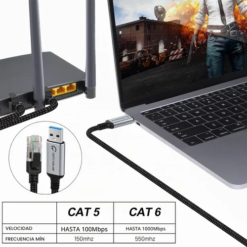 Vista 5 de Cable USB a Ethernet 3,3 pies, adaptadores USB 3.0 A a RJ45 macho de nylon, conexión Gigabit directa, compatible con laptop, PC de escritorio