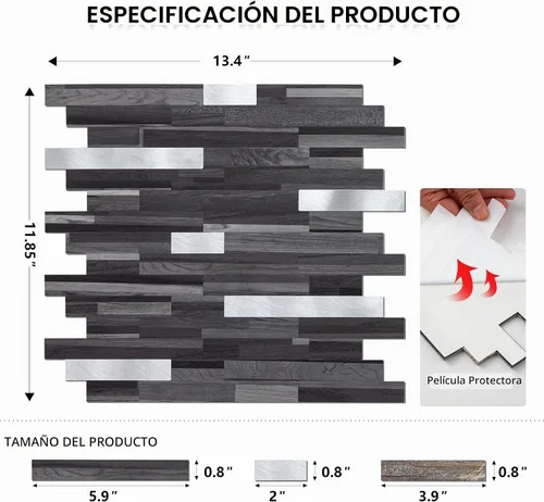 Vista 3 de Midcard Azulejos adhesivos para salpicaduras de 10 hojas, azulejos para cocina, baño, lavandería, cámper, chimenea. 20Trapezoidal Negro Gris Madera