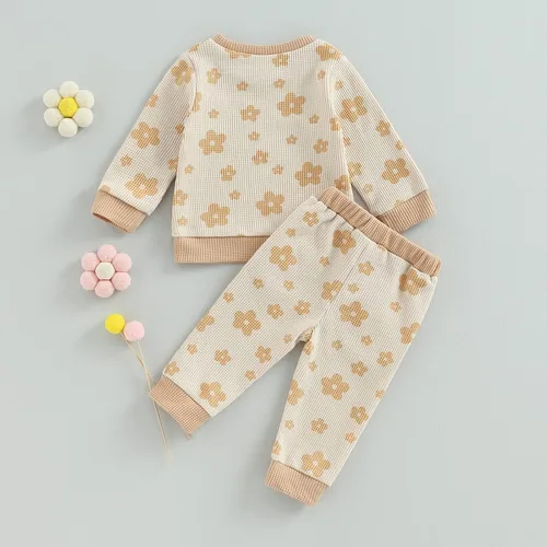 Vista 4 de Conjunto de sudadera de manga larga con estampado floral y pantalones casuales elásticos para niñas pequeñas