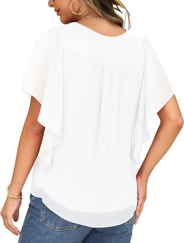 Vista 4 de QIXING Blusas de gasa con cuello redondo y cuello redondo de verano para mujer