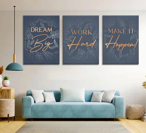 Vista 6 de 3 piezas de lienzo inspirador de oro azul para oficina, arte de pared, inspirador motivacional positivo, pinturas botánicas, cuadros de decoración