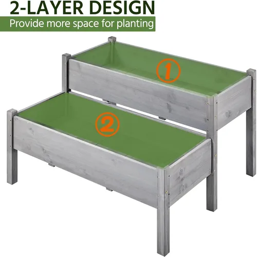 Vista 7 de Yaheetech Cama de jardín elevada de madera de 47 x 41 x 30 pulgadas, para horticultura, para exteriores, 2 niveles, maceta elevada para hierbas