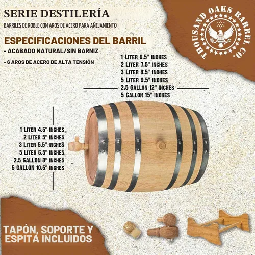 Vista 3 de Barril de envejecimiento de roble blanco americano sin barnizar de 1 litro, aros de acero, mini barril