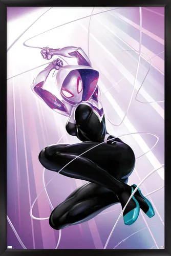 Vista 8 de Marvel Comics Ghost Spider - Póster de pared #1, 22.4 pulgadas de largo x 14.7 pulgadas de ancho, versión enmarcada de madera de granero