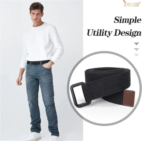 Vista 5 de JASGOOD Cinturones de tela de lona para hombre, cinturones casuales de tela con hebilla de doble anillo negro, paquete de 2