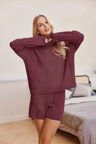 Vista 2 de Ekouaer Conjunto de 2 piezas de suéter de manga larga y pantalones cortos para mujer