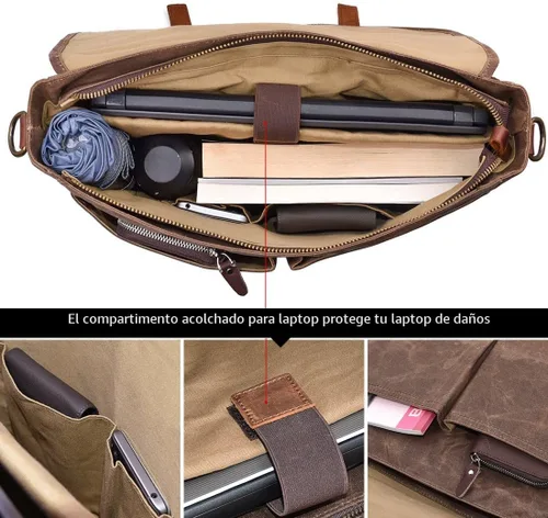 Vista 4 de Bolso mensajero para hombre de 15.6 pulgadas, impermeable, de cuero auténtico, encerado, maletín de lona grande, bolso de hombro de cuero resistente