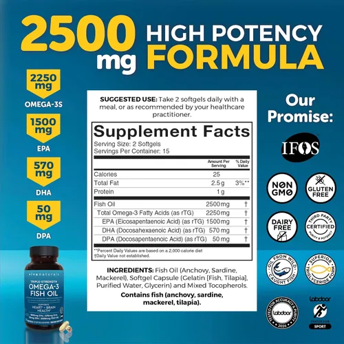 Vista 2 de Viva Naturals Aceite de Pescado Omega-3, Triple Fuerza, 2500 mg, 30 Cápsulas Blandas – Ácidos Grasos Omega 3 Re-Esterificados Incluyendo EPA, DHA