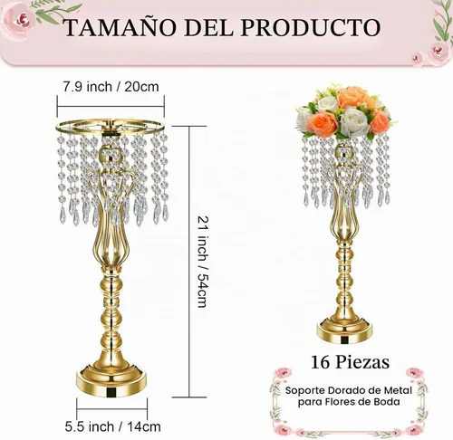Vista 2 de Didaey - 16 centros de mesa de boda con lámpara de araña, color dorado, 21.3 pulgadas Gold Silver Vase, Tall Flower Stand with Crystal Drops for