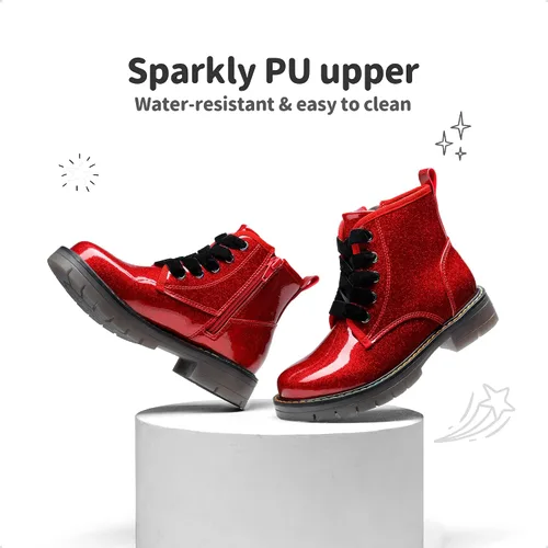 Vista 3 de DREAM PAIRS Botas de tobillo con purpurina para niñas y niños, zapatos de combate con cremallera lateral con cordones (bebéniño pequeñoniño grande)