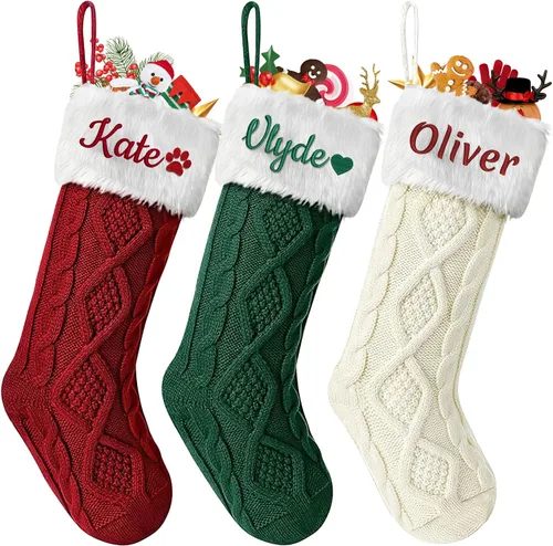Vista 16 de Dreamdecor - Medias de Navidad personalizadas con nombre y monogramas, medias familiares de 18 pulgadas con placa de cuero para niños, 1 paquete