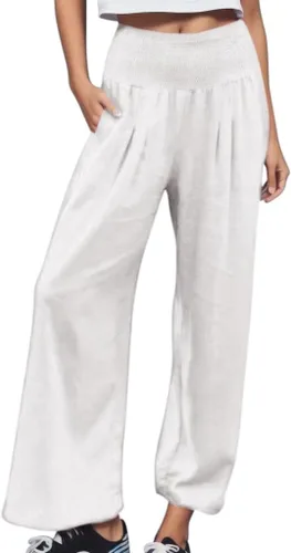 Vista 38 de SHAOBGE Pantalones palazzo de verano para mujer, cintura alta, pierna ancha, casual, cintura elástica, pantalones de playa con bolsillos