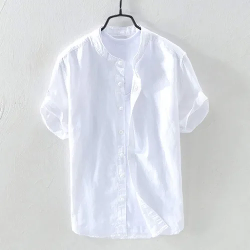 Vista 2 de WENKOMG1 Camisa de algodón con botones y textura de línea de algodón para hombre, ajuste holgado, sin cuello, transpirable, casual, de manga corta