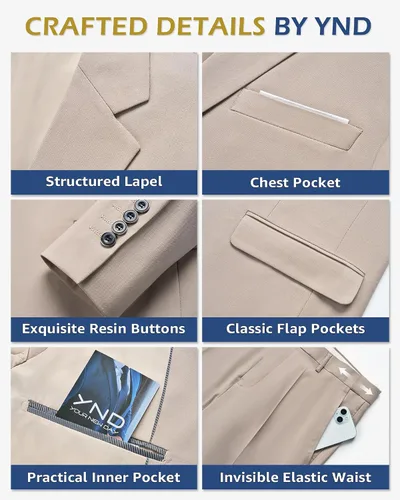Vista 3 de YND Traje de 3 piezas de ajuste entallado para hombre, un botón, chaqueta sólida, chaleco y pantalones con corbata