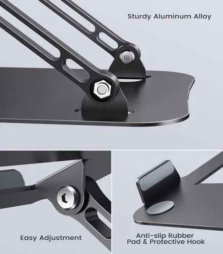 Vista 6 de Soporte ajustable para computadora portátil, soporte portátil de aluminio, ligero 17.64 oz, soporte ergonómico plegable para MacBook Air Pro de Negro