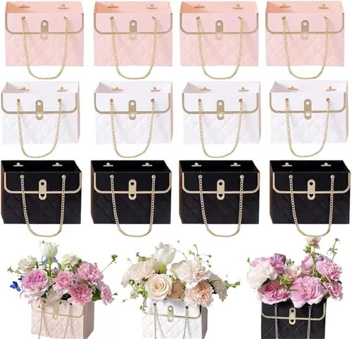Vista 13 de Caja de regalo de papel de flores con cadena de metal, cajas de flores portátiles, cajas para arreglos florales, cajas de flores para arreglos, 4