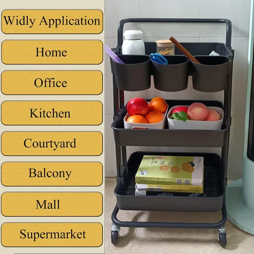 Vista 7 de Estante organizador de almacenamiento de 3 niveles con 3 tazas colgantes, 8 ganchos, 2 cajas de almacenamiento para el hogar, oficina, cocina, baño
