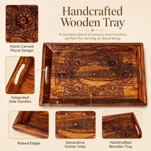 Vista 3 de Bandeja decorativa hecha a mano elegante de madera, bandeja rústica de granja, bandeja grande para servir de 20 x 12 pulgadas, bandeja de mesa