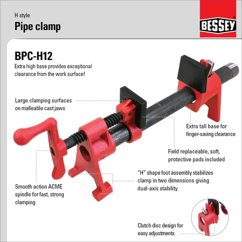 Vista 2 de BESSEY BPC-H12, abrazaderas de tubo de 1/2 pulgada estilo H - Increíblemente versátiles, fáciles de ensamblar, abrazadera de taller indispensable