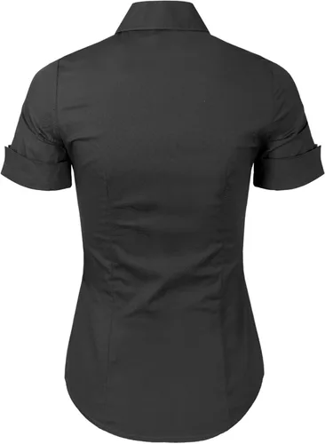 Vista 3 de Design by Olivia Blusa de manga corta elástica con botones para mujer, blusa de trabajo formal para oficina