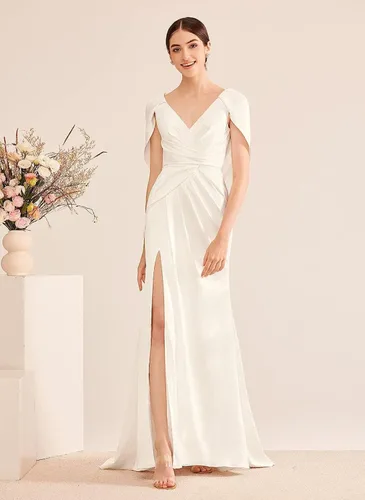 Vista 2 de Vestido largo de satén formal con cuello en V para mujer, vestido de fiesta de noche con capa