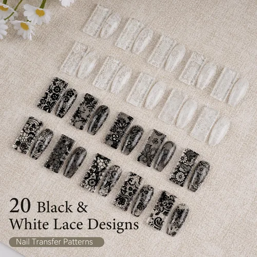 Vista 4 de JODSONE 20 rollos de láminas de encaje para uñas, hojas de transferencia de arte de uñas de encaje blanco y negro, se deben utilizar con pegamento