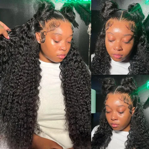 Vista 20 de Pizazz - Pelucas de cabello humano ondulado profundo con encaje frontal de 13 x 4, nudos blanqueados previamente despuntados Pelucas de cabello