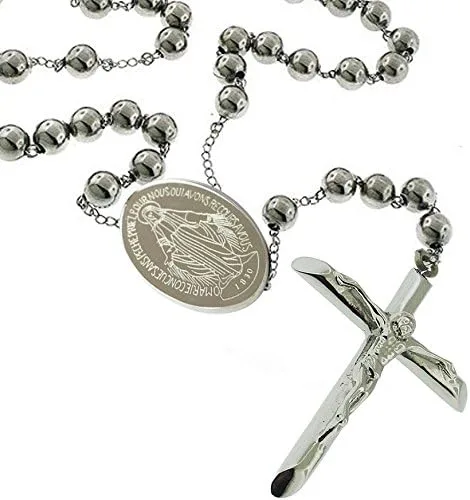 Vista 2 de Catholic - Collar de acero inoxidable con cuentas de rosario para hombre, bola de 0.315 in