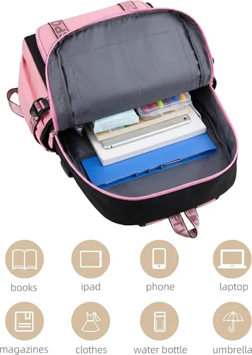 Vista 3 de Mochila de anime para niñas con puerto de carga USB 20L, mochila escolar para adolescentes, mochila grande para computadora portátil para viajes uso