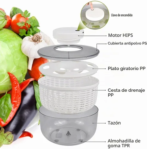 Vista 2 de Molinillo eléctrico de ensalada, 6 L, secadora de verduras de ensalada de gran capacidad, lavadora de ensalada de frutas, secadora para el hogar