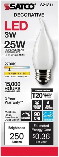 Vista 5 de Satco S21311/06 - Bombillas LED E26 de 3 W, 2700 K, clasificación de 15000 horas, regulables, paquete de 6