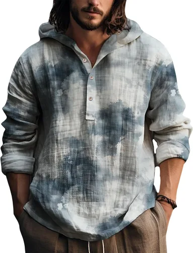 Vista 13 de Sudaderas con capucha para hombre, con estampado de teñido anudado, cuello en V, manga larga, con botones, de gran