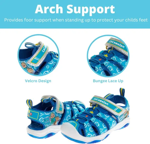 Vista 3 de JOSMO Zapatos Cocomelon para niños y niñas, sandalias de pescador con puntera cerrada, JJ para niños, correa de playa, sandalias al aire libre
