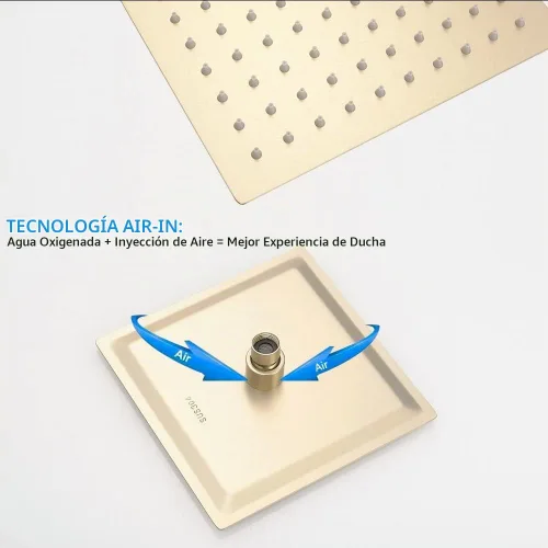 Vista 4 de Juego de llave de regadera dorada cepillada, sistema de regadera de lluvia para baño con cabezal de regadera de lluvia de acero inoxidable, kit