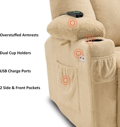 Vista 7 de MCombo Zero Gravity Silla Reclinable Eléctrica con Masaje de Calor y Vibración, Silla Reclinable con Puertos USB y Tipo C, Portavasos para Sala