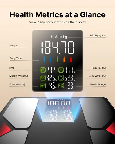 Vista 2 de FITINDEX - Báscula inteligente para peso corporal, grasa corporal, Bmi, pantalla 7 en 1, 500 libras Weight Scale with 13 Body Composition Metrics