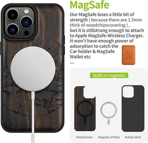 Vista 5 de Carveit Funda magnética de madera para iPhone 14 Pro Max [madera natural y TPU suave negro] Funda protectora de madera única y elegante a prueba