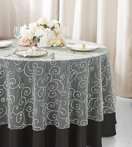 Vista 3 de Manteles de organza bordados redondos de 90 pulgadas, manteles de organza para bodas, fiestas, banquetes, eventos, color verde manzana