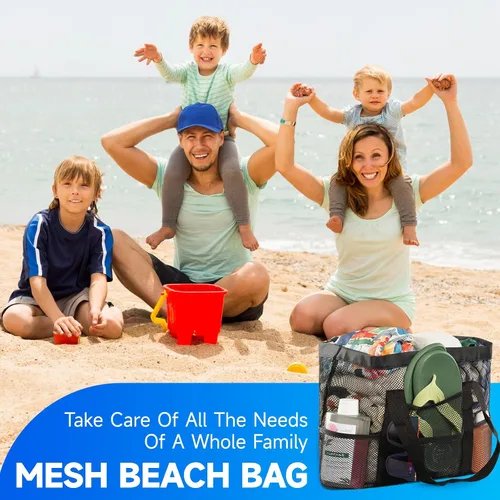 Vista 6 de Bolsa de playa de malla, bolsa de playa para mujer, impermeable, a prueba de arena, con bolsa de maquillaje de malla, artículos esenciales