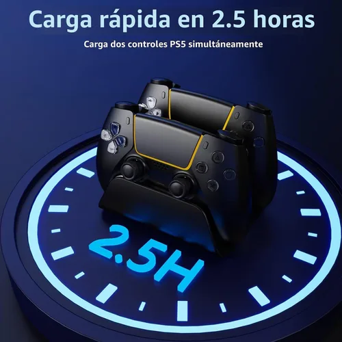 Vista 2 de Estación de carga para controlador PS5 con indicador LED, base de carga autoalineable, base de carga rápida de doble controlador, soporte de Negro