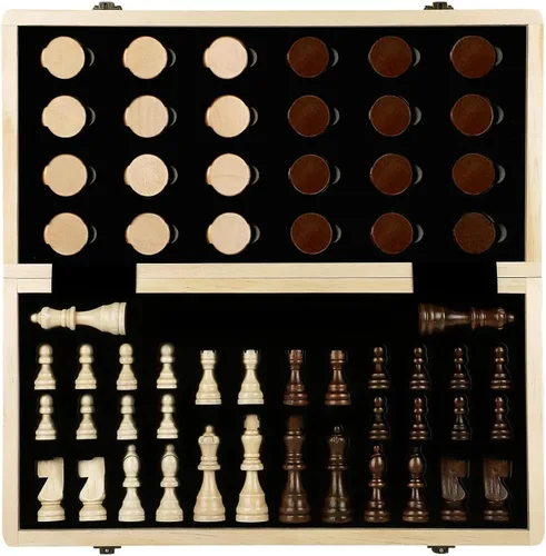 Vista 8 de LEAP - Juego de ajedrez y damas de madera de 15.3 pulgadas, tablero de ajedrez plegable de ébano artificial