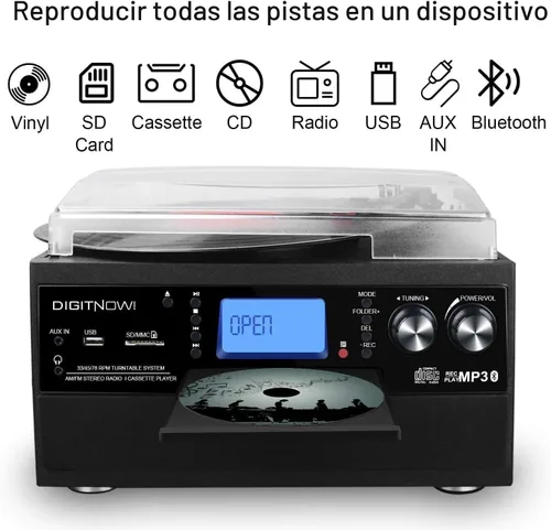 Vista 4 de DIGITNOW Tocadiscos con Bluetooth y altavoz estéreo, convertidor de LP de vinilo a MP3 con CD, casete, radio, entrada auxiliar y codificación