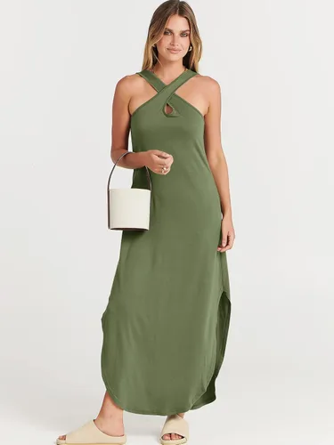 Vista 6 de ANRABESS Vestido largo casual de verano para mujer, con tirantes cruzados, sexy, abertura lateral, sin mangas, suelto, para playa, con bolsillos
