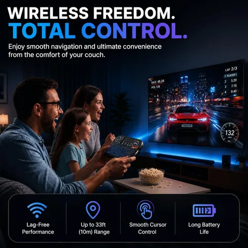 Vista 3 de Mini teclado inalámbrico con panel táctil, Bluetooth + control remoto RF de 2.4 GHz, teclado recargable retroiluminado de 7 colores para Smart TV