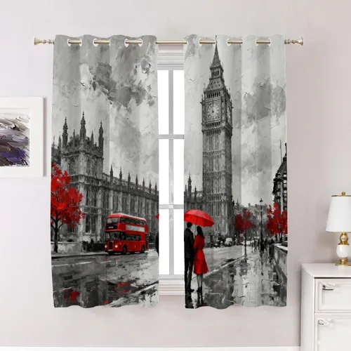 Vista 140 de Cortinas opacas de cocina con pintura al óleo de Europa rosa y negra para ventanas, cenefas opacas modernas de torre Eiffel de poliéster multicapa